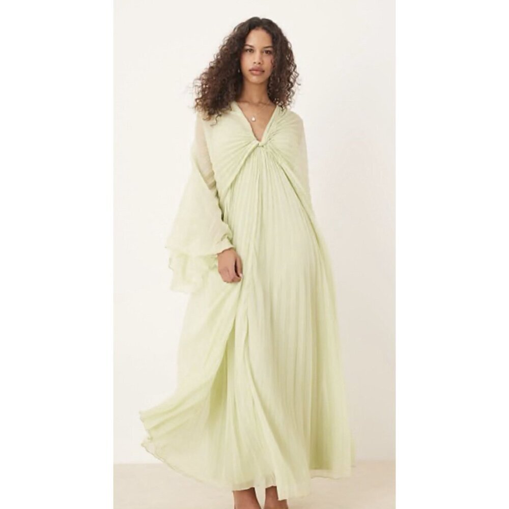 ASOS Women Maxi Dress Pleated Drape Capelet Twist Front Chiffon Sz 0 Lite Green